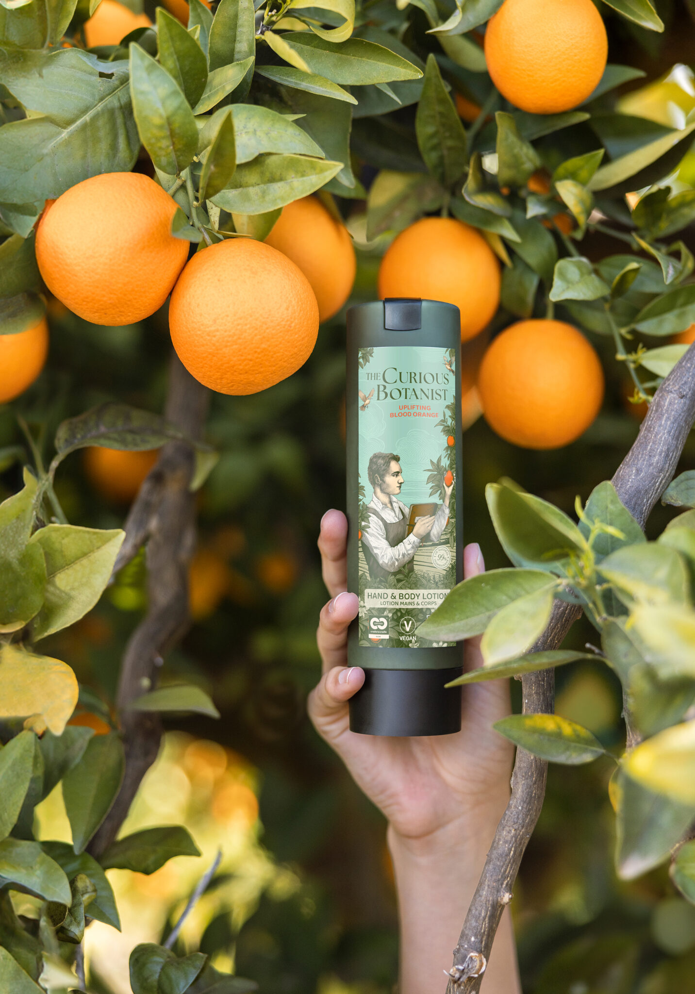 The Curious Botanist hand & body lotion by ADA Cosmetics, photographed in an orange grove.