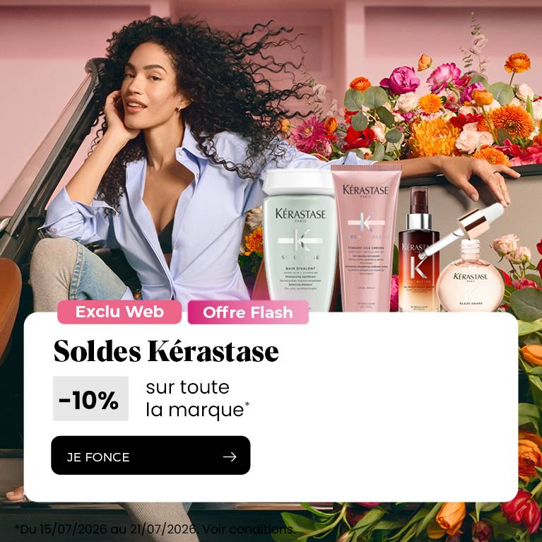 Kérastase Soldes web-exclusive promo at −10% with model and Kérastase product line.