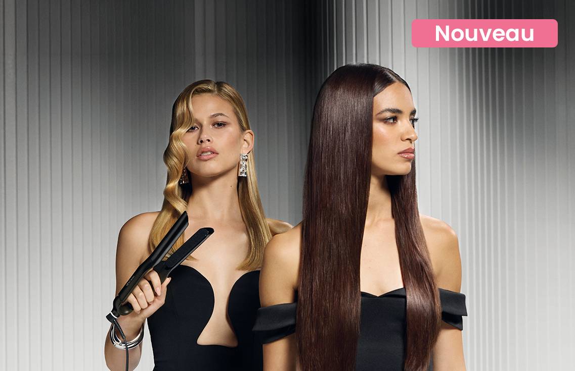 L'Oréal Professionnel 'Nouveau' hair straightening campaign with two models.