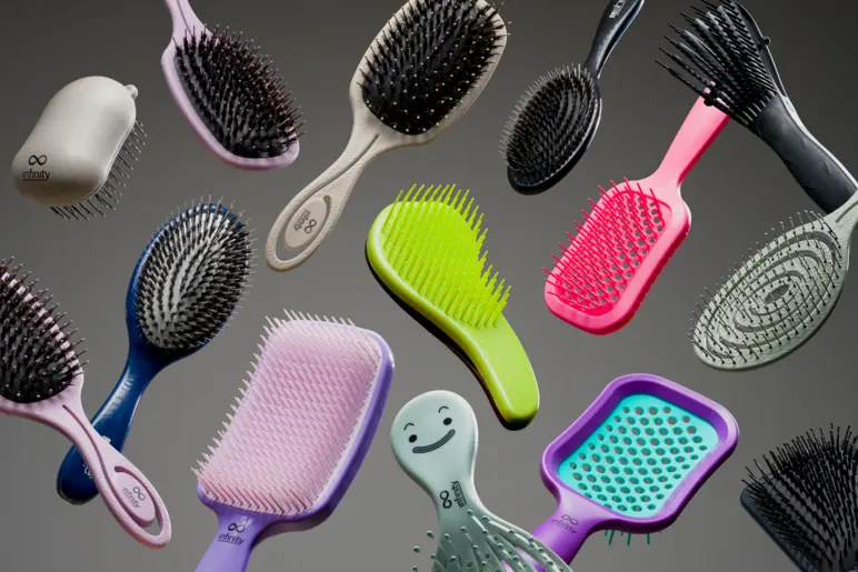 Assorted professional hair brushes and detangler tools from the Bleu Libellule catalogue.