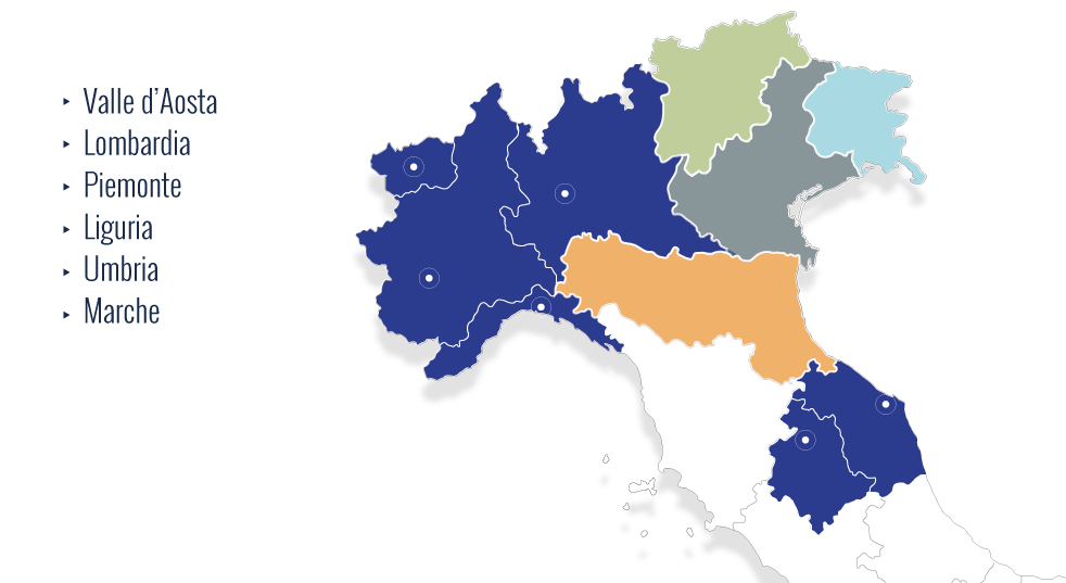 Map of Italy highlighting Calenda's wholesale distribution regions: Valle d'Aosta, Lombardia, Piemonte, Liguria, Umbria and Marche.