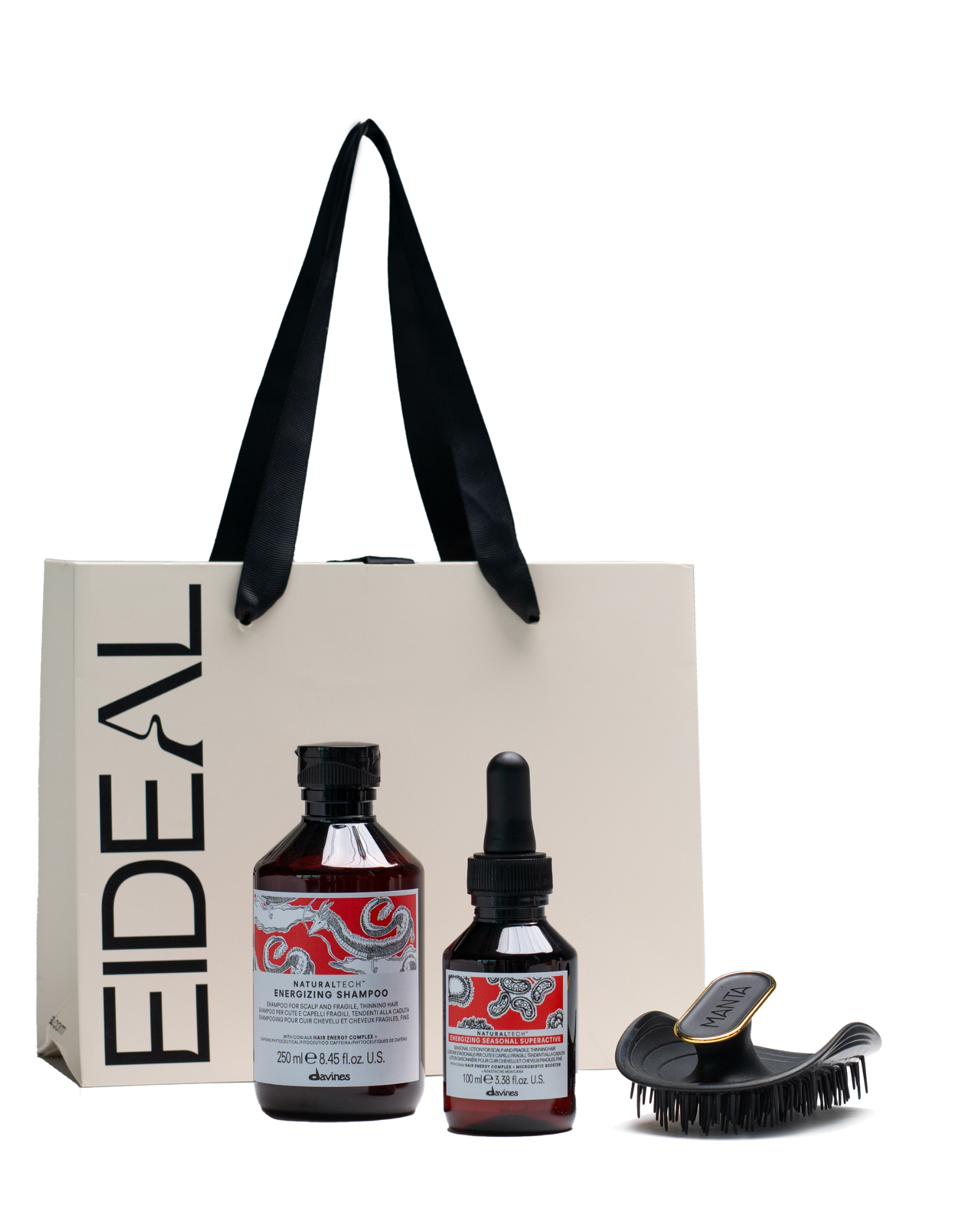 Eideal-branded shopping tote containing Davines Naturaltech Energizing Shampoo, serum bottle and a styling brush.