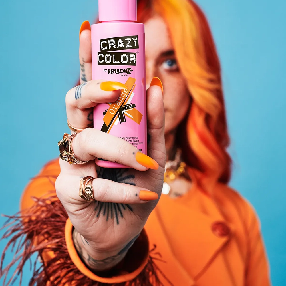 Crazy Color by Renbow 'Orange' semi-permanent hair colour bottle held up to camera.