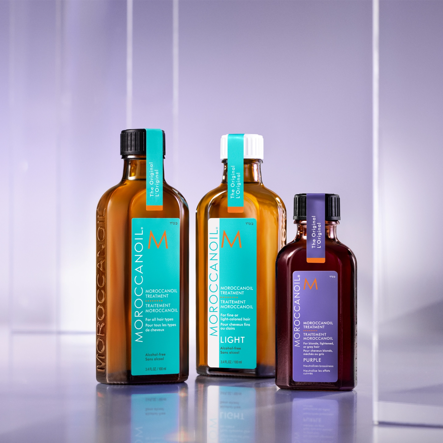 Moroccanoil Treatment line — Original, Light and Purple — on a styled product display.
