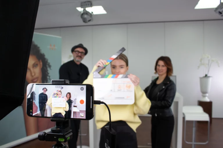 Behind-the-scenes of a Gieseke Cosmetic International product video shoot with the production team on set.