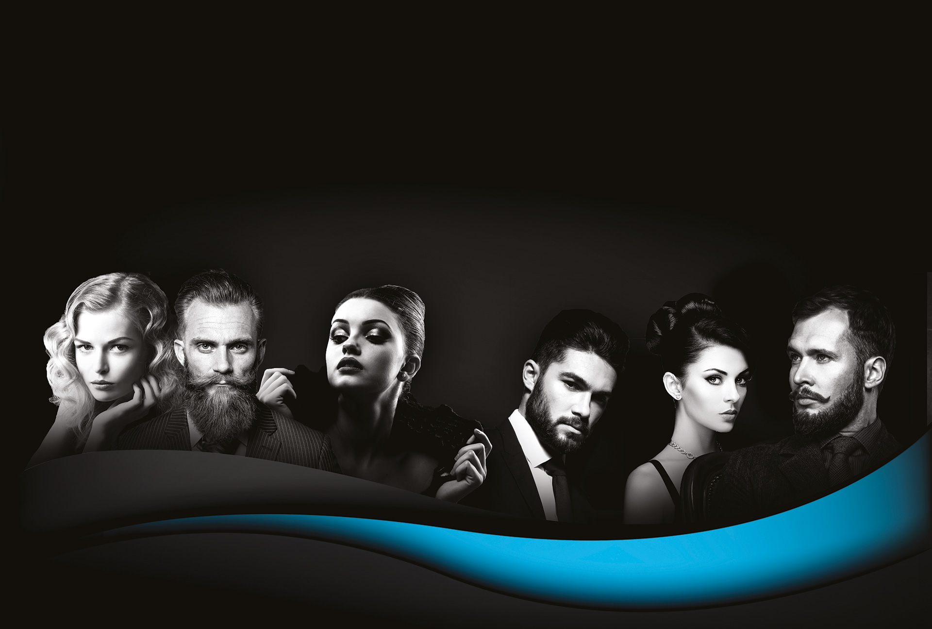 Black-and-white beauty campaign image featuring six stylists and models with a blue curved accent — Morocutti Professional creative direction.