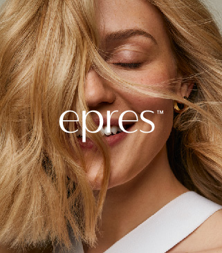 epres brand campaign: close-up of a blonde model's face with windswept hair and the epres™ wordmark overlaid across the image.
