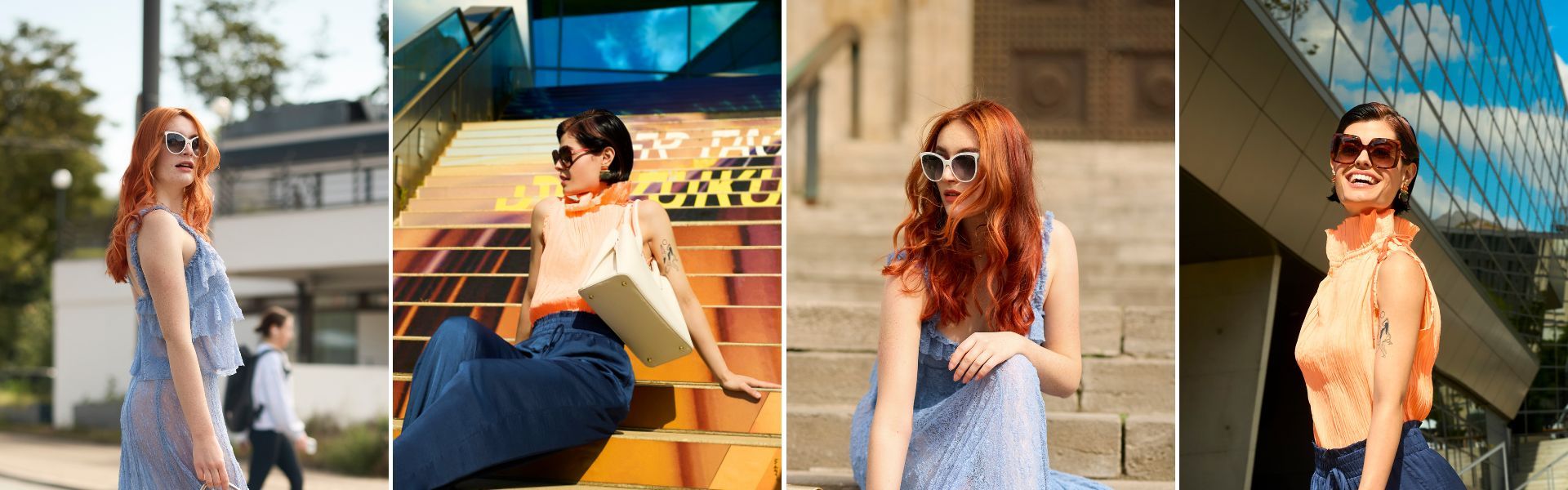 Four-panel lifestyle collage of women wearing sunglasses in relaxed, bright street-style looks — Wild Beauty brand campaign imagery.