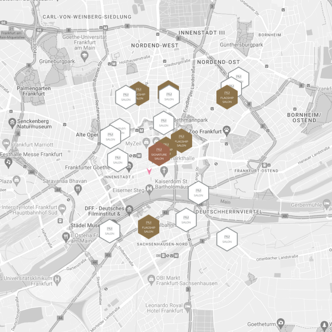 Frankfurt city map highlighting PSM Salon flagship locations and Joico Flagship Salons distributed by Wild Beauty.